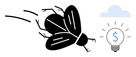 Nature, innovation, ideas, creativity, energy, problem-solving. A stylized fly alongside a lightbulb with a dollar sign and cloud. s innovation and problem-solving creativity ideas © robu_s