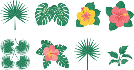 Fototapeta premium Tropical leaves and hibiscus flower set, flat jungle botanical collection with palm, monstera foliage vector illustration isolated on white background