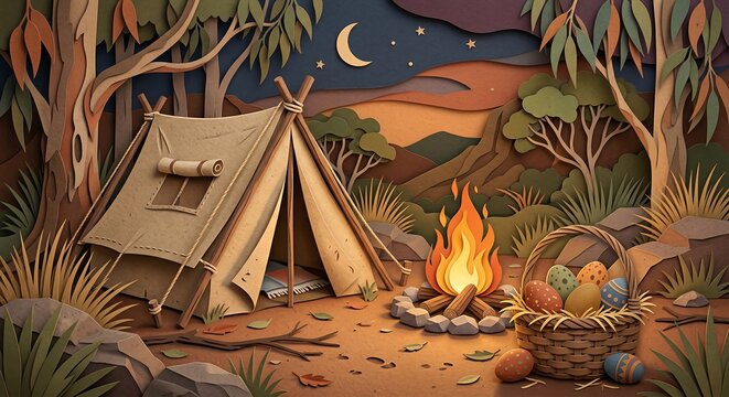 Layered papercraft style vector illustration of an Australian outback camping scene with a tent, campfire, and Easter egg basket at night