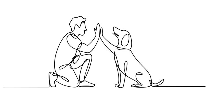 One single line drawing of young happy boy giving high five gesture to his puppy dog at outfield park. Pet care and friendship concept, One Line Drawing of a Dog Giving a High Five to its Owner, Dynam