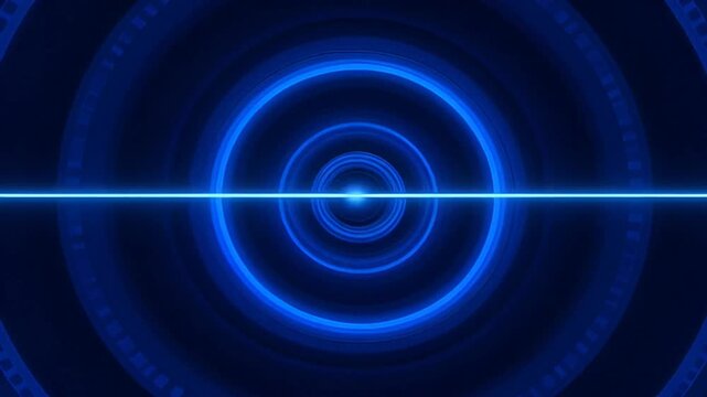 Blue neon concentric circles with a glowing center and horizontal line.