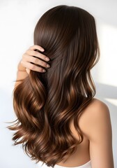 Fototapeta premium Back View of a Beautiful Woman with Long Wavy Brown Hair and Shiny Texture on White Background