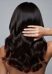 Naklejka premium Back View of Woman with Shiny Long Dark Wavy Hair and Hand with Manicure in Beauty Salon Studio