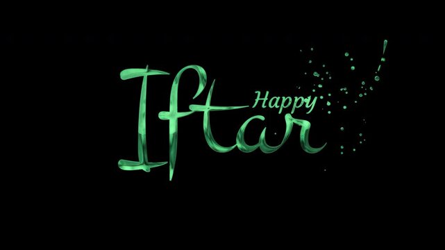 Happy iftar text in shimmering green against a black background. Perfect for ramadan greeting cards, social media posts, and festive designs.