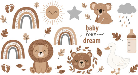 Boho Baby Animals Nursery Set Rainbow Lion Bear Koala Goose Sun Leaves Dream Quote Cute Neutral Kids Room Vector Illustration. © munzuara