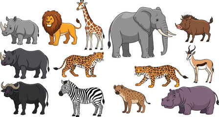 African Safari Animals Cartoon Set Lion Elephant Giraffe Rhino Zebra Leopard Buffalo Hippo Hyena Antelope Warthog Vector © munzuara