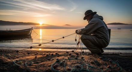 Naklejka premium Lone fisherman repairing nets on a quiet shore at sunrise beside his moored boat, capturing timeless coastal labor, patience, resilience and respect for the sea