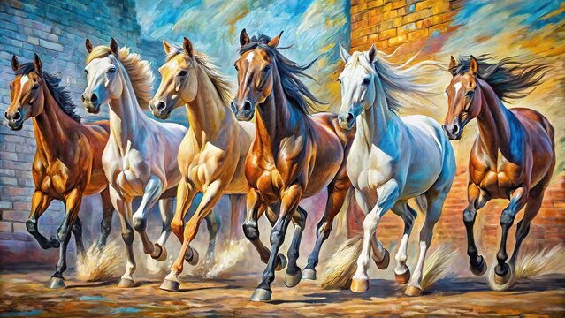 Abstract oil painting style of seven horses paint spots and strokes Large stroke oil painting mural art style vastu art Fisheye