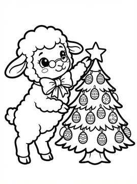 Cute Kawaii Lamb Coloring Page for Kids. Adorable sheep character with glasses decorating a Christmas tree. Holiday activity worksheet for children's art.