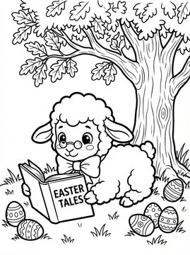 Easter coloring page for kids with a cute lamb reading 'Easter Tales' under an oak tree. A printable holiday activity sheet with an adorable animal character.