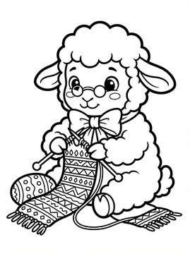 Adorable cartoon lamb wearing glasses knits a patterned scarf. Black and white line art illustration for a children's coloring book or crafting hobby concept.