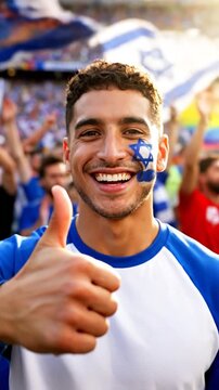 Man with Israeli flag face paint cheering