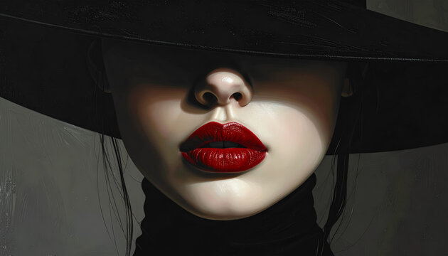 A stylized close‑up portrait with deep red glossy lips, pale smooth skin, and a wide black hat casting a dramatic shadow that hides the eyes, creating a mysterious high‑contrast look.