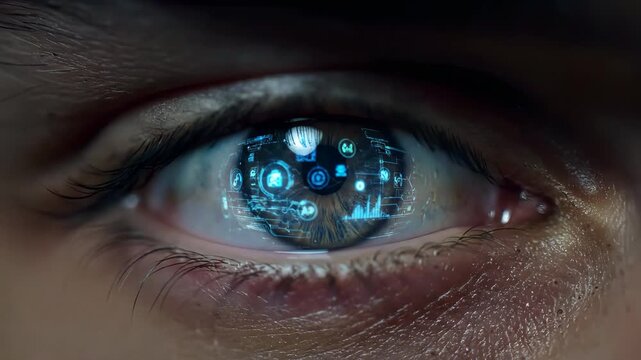 a human eye with a futuristic AI interface reflecting in the cornea, featuring glowing graphs and abstract data elements to represent machine learning, neural networks, and digital transformation.