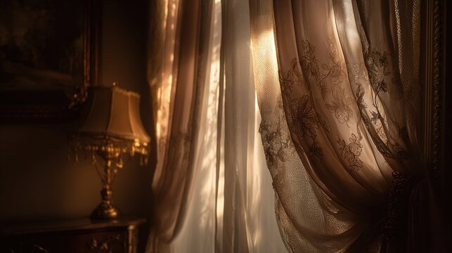 reminiscence. Opulent boudoir at dusk with sheer curtains moving in a gentle breeze. real-estate listings, architecture portfolios, designed for interior renovation comparisons for interiors.