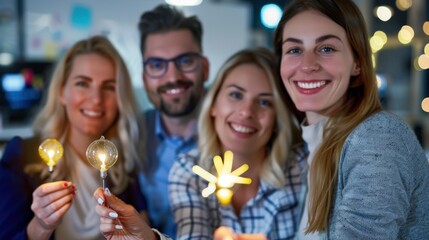 Obraz premium Group of Friends Holding Light Bulbs and Smiling in a Cozy Room with Decorative Lights and Warm Atmosphere