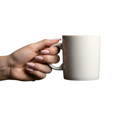 Hand holding white coffee mug transparent background