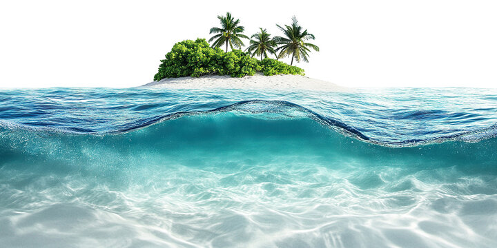 Paradise beach island with clear water and lush greenery, isolated on transparent cutout background