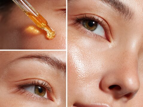 a set of medium-wide beauty shot of one young asian woman's face applying cosmetic oil