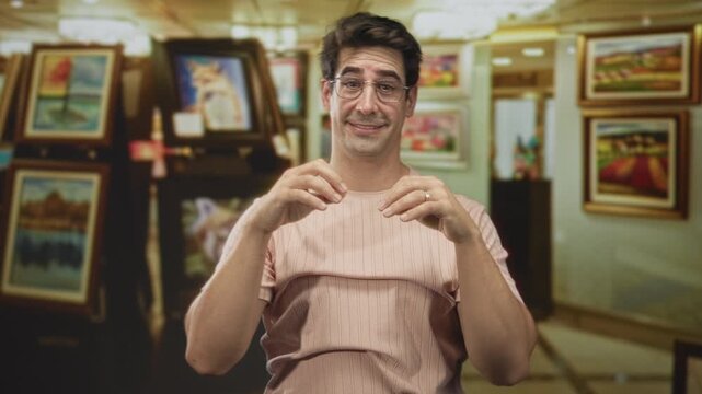 Man smiling with hands forming circular frames over his eyes, wearing a pink t shirt and standing before framed paintings in an art gallery building; playful.