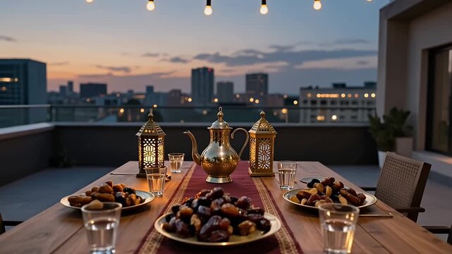 rooftop dinner setup at dusk with string lights and city skyline backdrop
