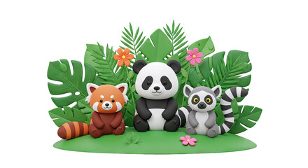 Fototapeta premium Cute 3D Animals: Panda, Red Panda, and Lemur in a Tropical Setting