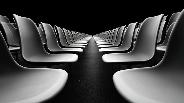 serial. Repeating seat units in perspective creating rhythmic pattern with architectural lines. real-estate listings.