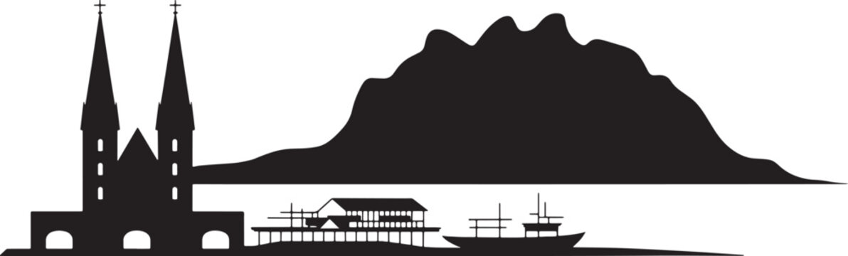 Honiara city skyline silhouette featuring cathedral architecture and mountain landscape design