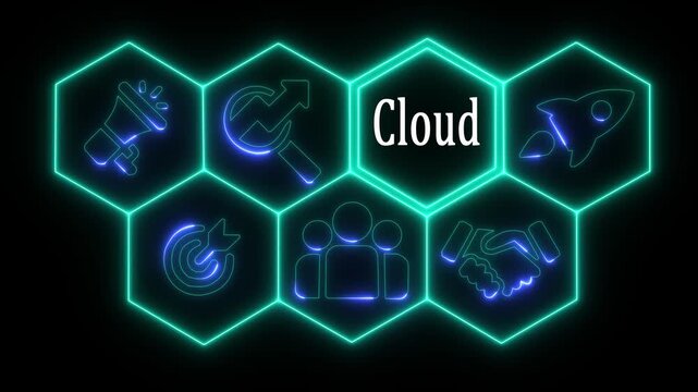 Glowing neon line CRM business concept from a display of white hexagon shapes and symbols with a blue tint. abstract technology background with rotating world map icon