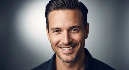 Obraz premium Authentic and professional studio headshot capturing the genuine smile and engaging presence of a handsome man, radiating approachability and calm confidence