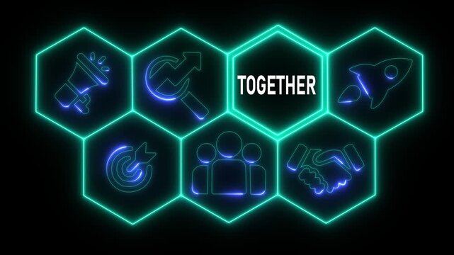 Glowing neon line Cloud business concept from a display of white hexagon shapes and symbols with a blue tint. abstract technology background with rotating world map icon