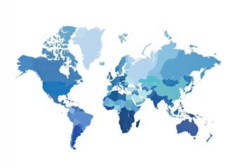 Obraz premium A world map rendered in shades of blue, showcasing continents and countries