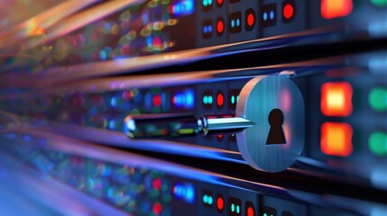 Obraz premium Digital Lock Symbol on Server Rack with Colorful Lights Representing Data Security and Encryption Process in Technology Environment
