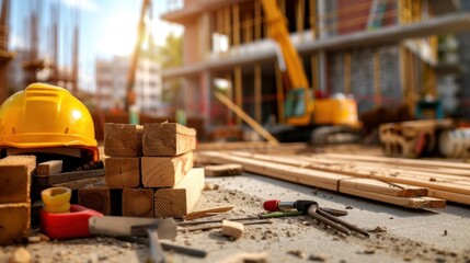 Fototapeta premium Construction Site Tools and Equipment with Hard Hat, Wooden Planks, and Building Machinery in the Background