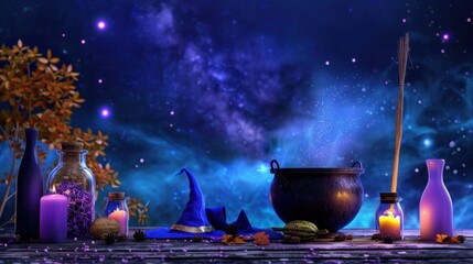 Naklejka premium Enchanted Witch's Table with Cauldron, Bottles, and Magical Elements in Starry Night Background
