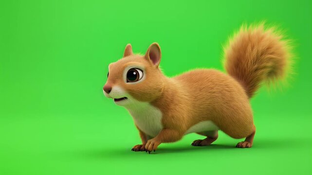 Playful cartoon squirrel on a bright green background, ready to stash a nut and explore the woodland.