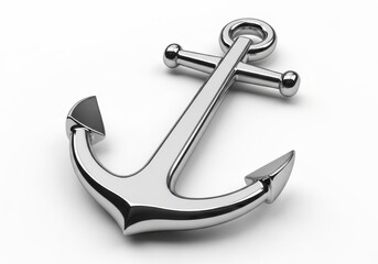 Shiny metallic ship anchor rests diagonally on a clean white background surface.
