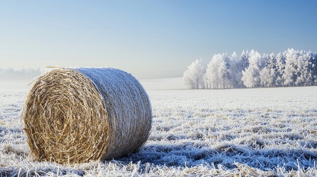 Frost covers a hay bale in a field near trees during winter in bright sunlight with clear blue sky