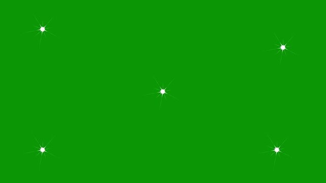 Sparkling white star twinkle animation, cartoon doodle stars on green screen background, flat vector blinking shining light effect, 4k chroma key ready for festive holiday video overlay.