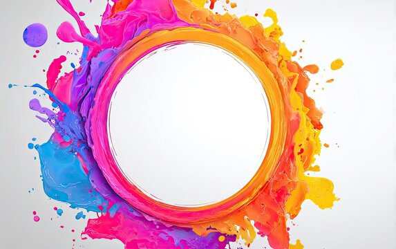 A vibrant ring of colorful paint bursts frames a white circle on a light background