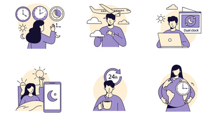 Obraz premium Six vector icons illustrating concepts related to time travel and daily schedules
