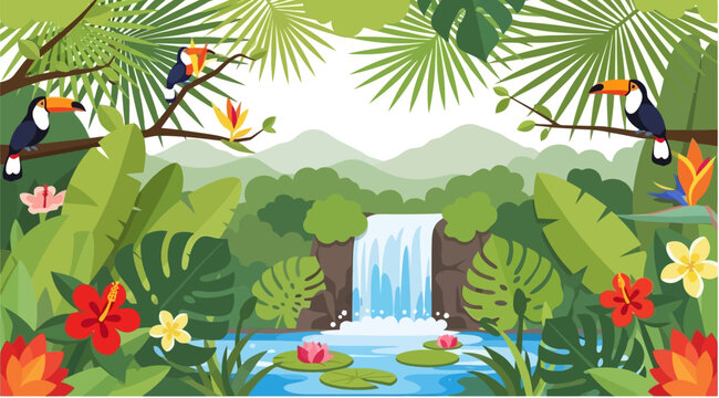 Exotic toucans perched in a vibrant rainforest with a hidden waterfall