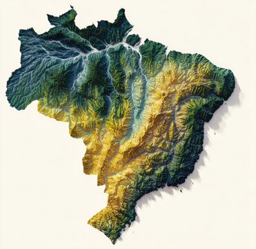3D rendered, topographic map of a country with varied terrain, displaying elevation