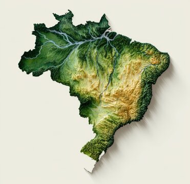 A topographical rendering of Brazil, highlighting elevation changes with shades of green and brown