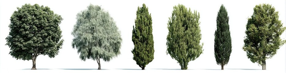 Fototapeta premium Six different trees of varying shapes and shades, from full-bodied to columnar, are lined up