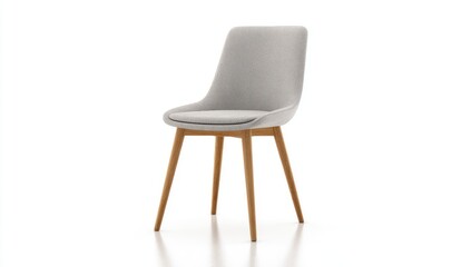 Modern upholstered chair with light gray fabric, wood legs, simple design against white
