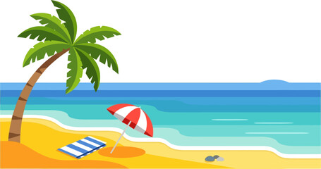 Fototapeta premium Relaxing beach scene with red umbrella and palm tree