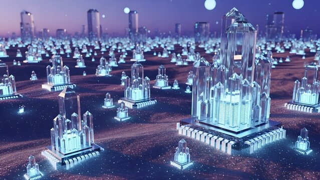 Futuristic Crystal Cityscape on Alien Planet with Glowing Lights