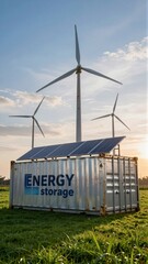 Fototapeta premium Renewable energy storage system with solar panels and wind turbines for sustainable power solutions