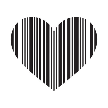 A striking black and white heart shape composed of vertical barcode lines